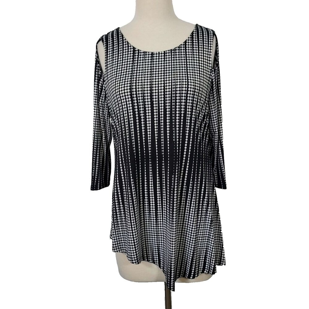 NYGARD Tunic Top Shirt Size Medium Cold Shoulder Stretch Black White Polka Dot